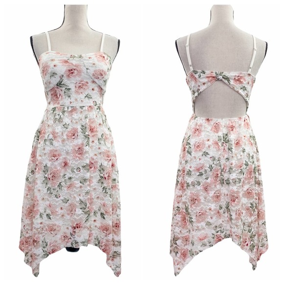NO Boundaries Ivory Floral Asymmetrical Midi Dress - Picture 1 of 13